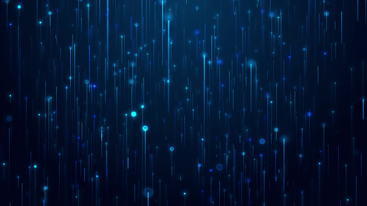 Falling cyber lines tech visual with blue glowing nodes vertical data trails and dark futuristic