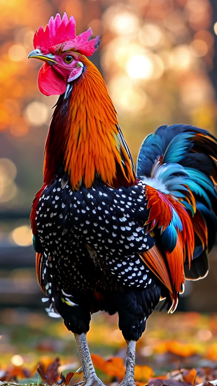 A rooster stands in a field of autumn leaves. The rooster is red and black with a white head