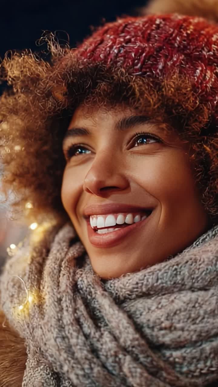 En glad, ung kvinde med krøllet hår og et hyggeligt vinteroutfit, der smiler bredt, mens hun kigger opad, omgivet af bløde lys i en varm og festlig atmosfære
