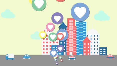 Animation-Steigender-Bunter-Herz-Liebessymbole-über-Dem-Modernen-Stadtbild