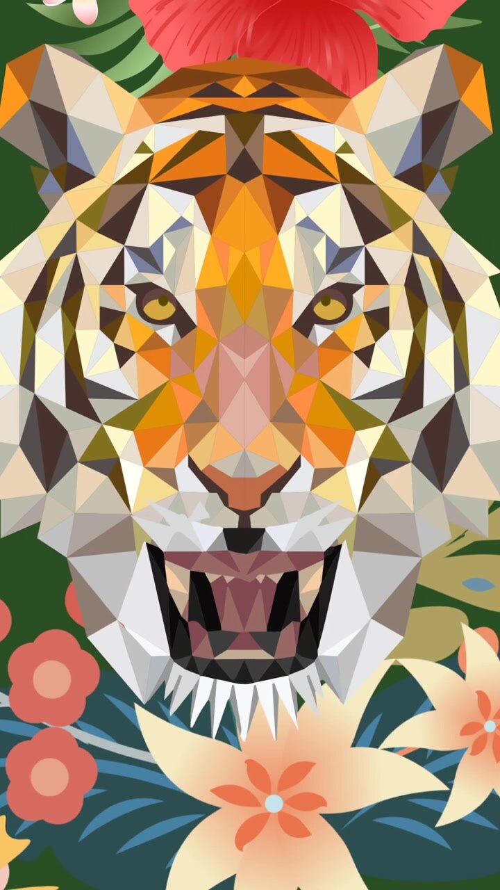 Animazione di fogliame colorato che si apre per rivelare una tigre, su sfondo verde