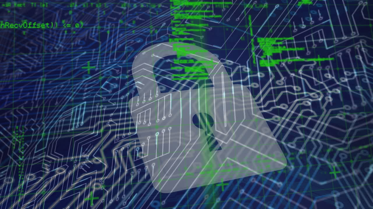 animación de un candado de seguridad en línea con procesamiento de datos en una placa de circuito en segundo plano