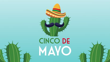 cinco de mayo lettering celebration with cactu wearing mustache and mariachi hat