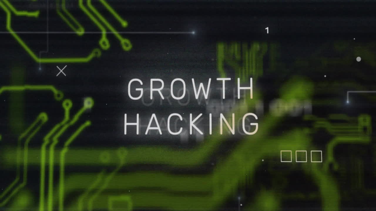Growth hacking text animation over green circuit board graphics