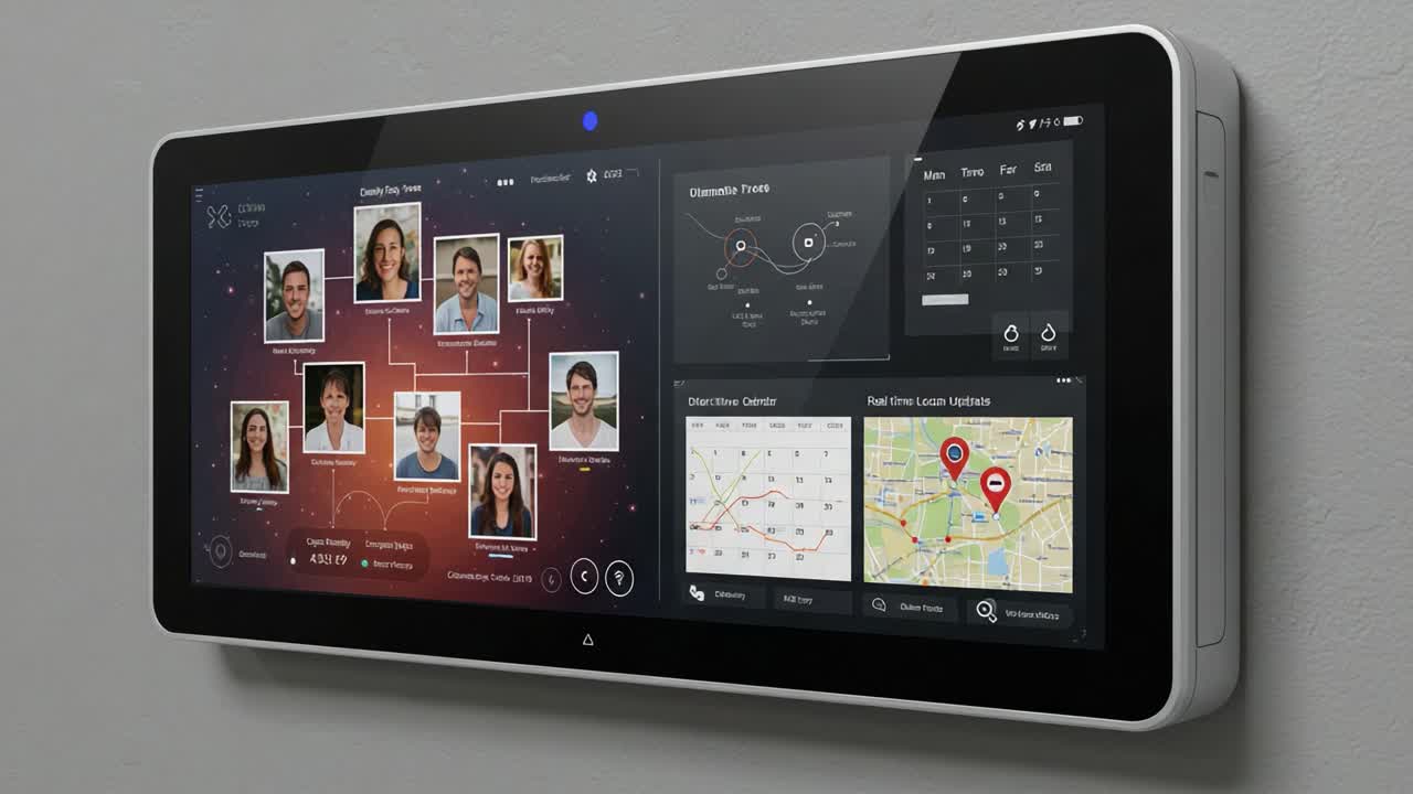 A Smart Interactive Display Panel Showcasing User Profiles, Location Data, and Interactive Analytics for Enhanced Communication and Information Management