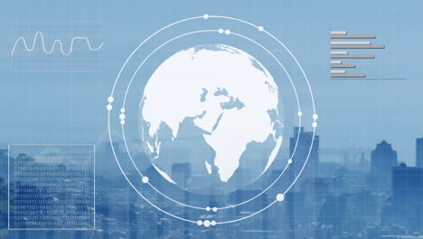 animation of financial data processing and globe over cityscape