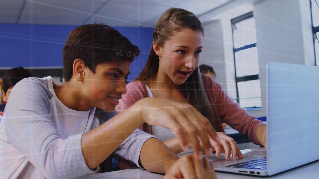 Animation of multiracial students studying using laptop in classroom over trading board and graph