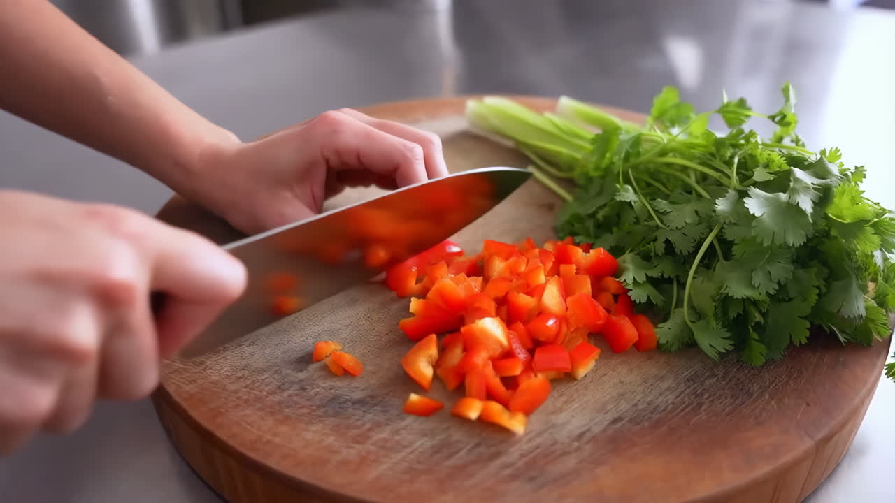 Hands Chopping Red Bell Peppers and Herbs on a Cutting Board