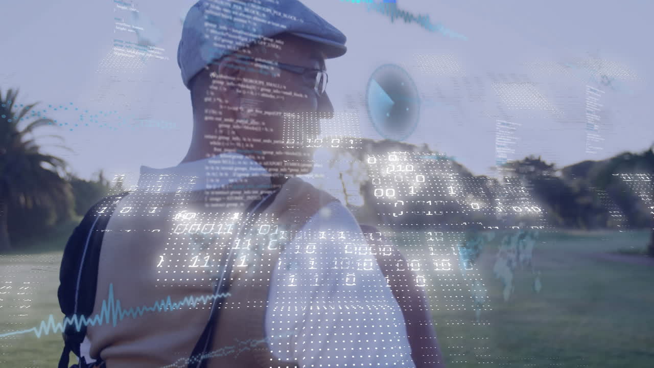 Outdoors, elderly man interacting with digital data processing animation overlay