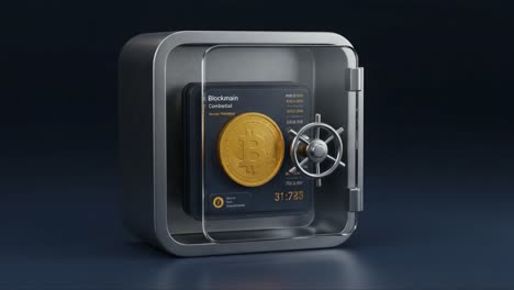 a secure bitcoin safe: showcasing a close-up of a high-tech safe containing a gold bitcoin with digital wallet information, representing cryptocurrency security and investment