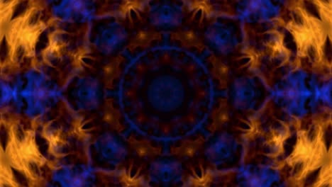 llamas de fuego en fondo negro. llama de fuego ardiente. brillante naranja azul ardiente. bucle vj fondo caleidoscopio. fondo de movimiento de mosaico ardiente 4k