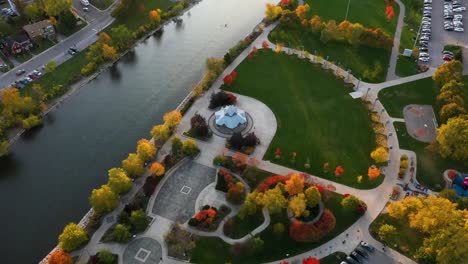 aerial view of a river flowing past a mississauga park at sunrise