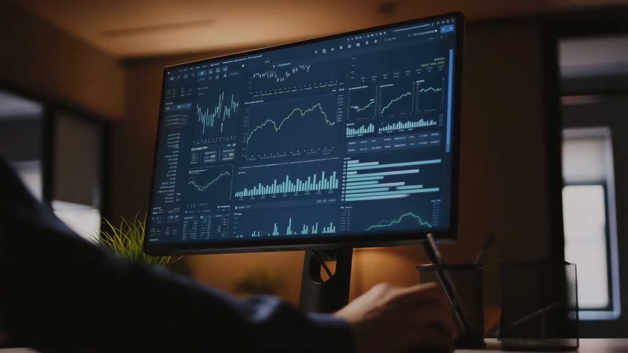 Person analyzing financial data on a computer monitor