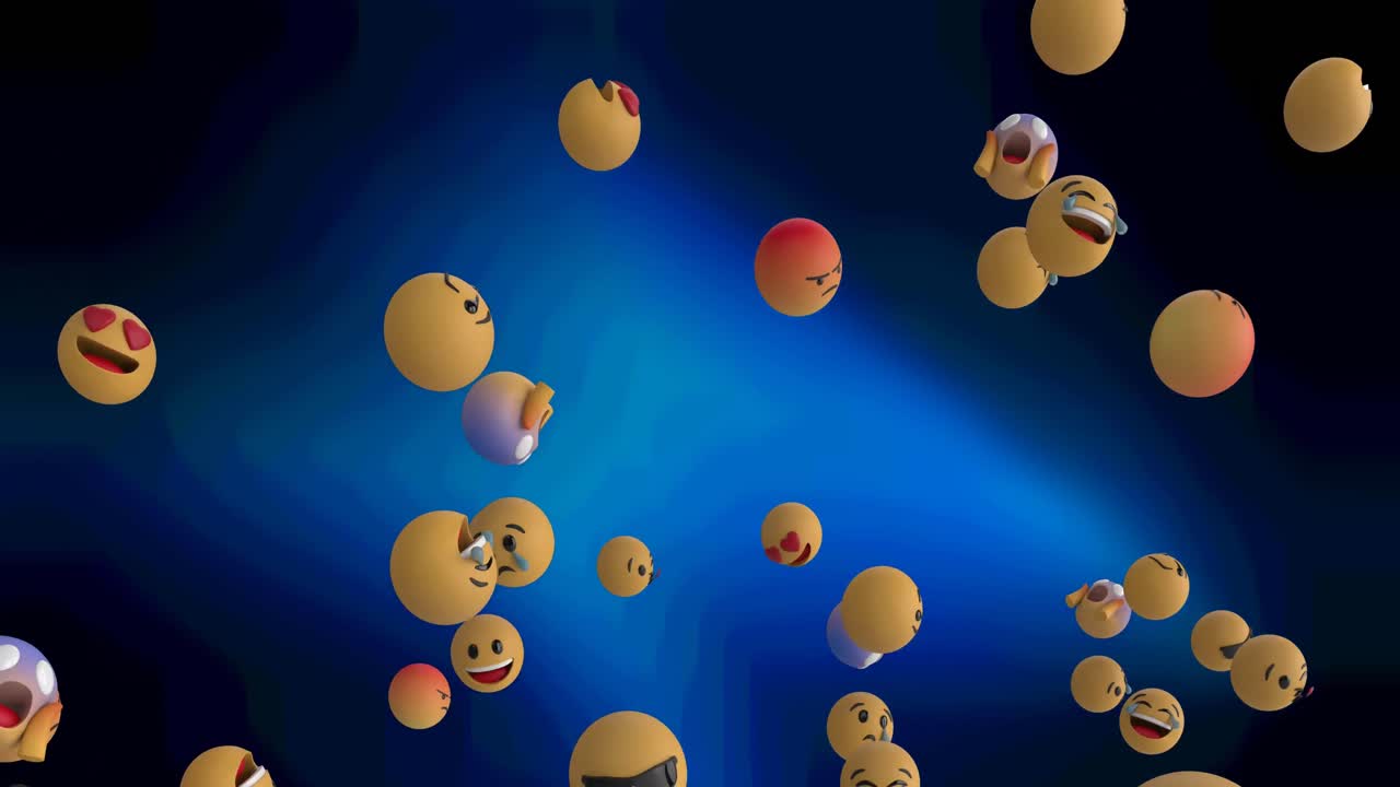 Digitální animace několika obličejových emoji vznášejících se na pozadí modrých světelných bodů na černém pozadí.