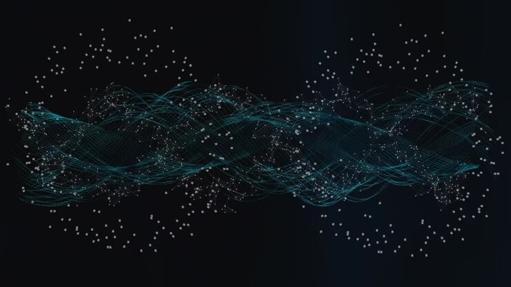 Animation of particles forming circle over dna molecule against black background