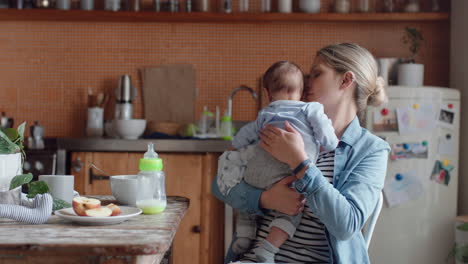 young mother feeding unhappy baby drinking from milk bottle crying restless infant at home with tired mom