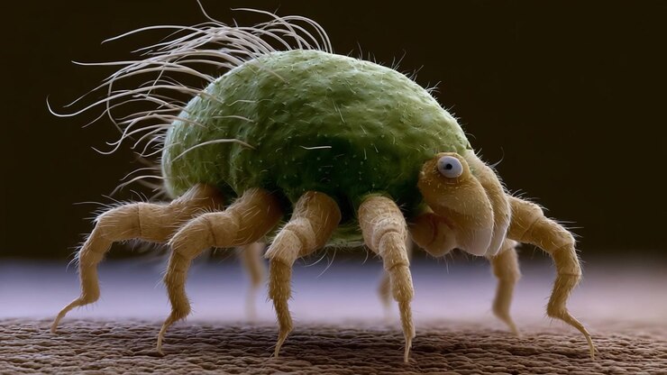 A Close-up Exploration of a Unique Microscopic Organism with Distinctive Features and Textures, Showcasing Its Green Body and Hair-Like Projections.