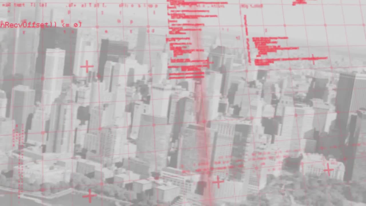 Animation of red data processing over grid and cityscape