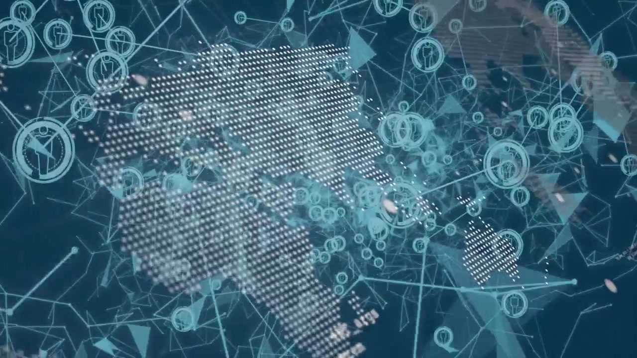 Dotted world map emerging on navy canvas, camera panning starting nodes forming tech code vortex