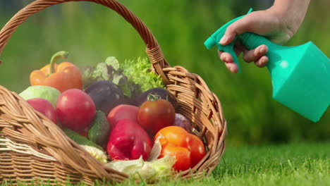 watering fresh vegetables in a basket