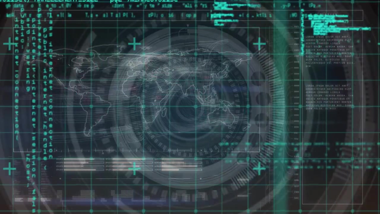 Animation of red particles floating over interface with data processing against black background
