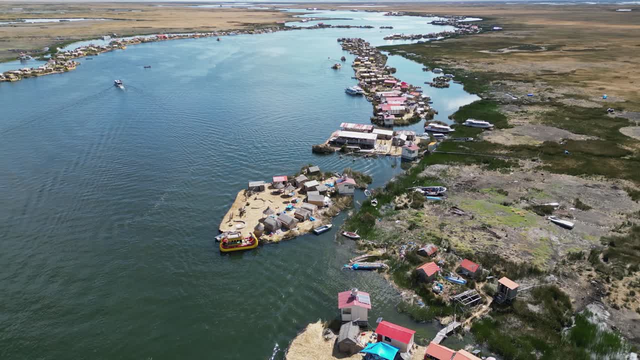 Aerial view of tourist destination, Uros Islands on Lake Titicaca Peru