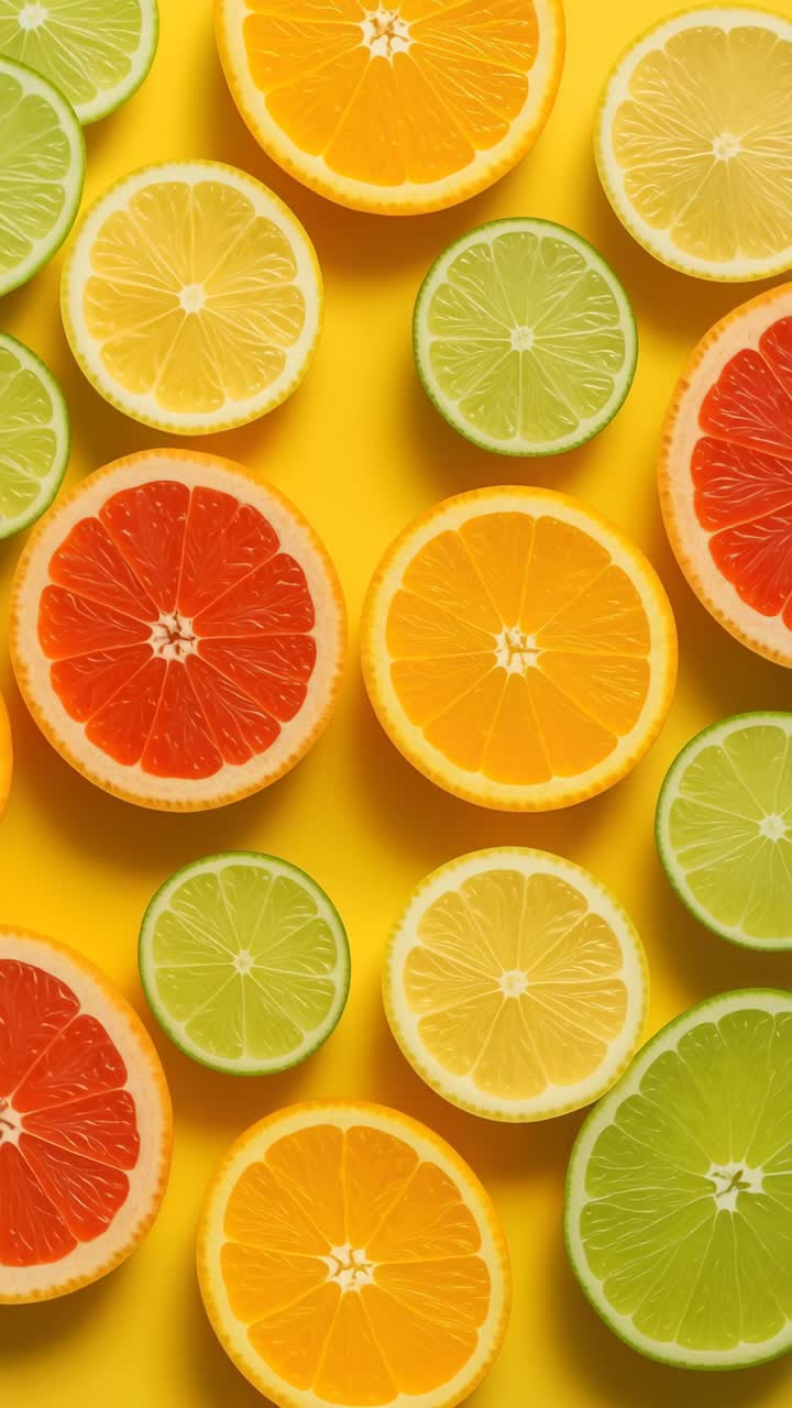 Top-down view of vibrant citrus slices on a yellow background, creating a fresh, colorful pattern