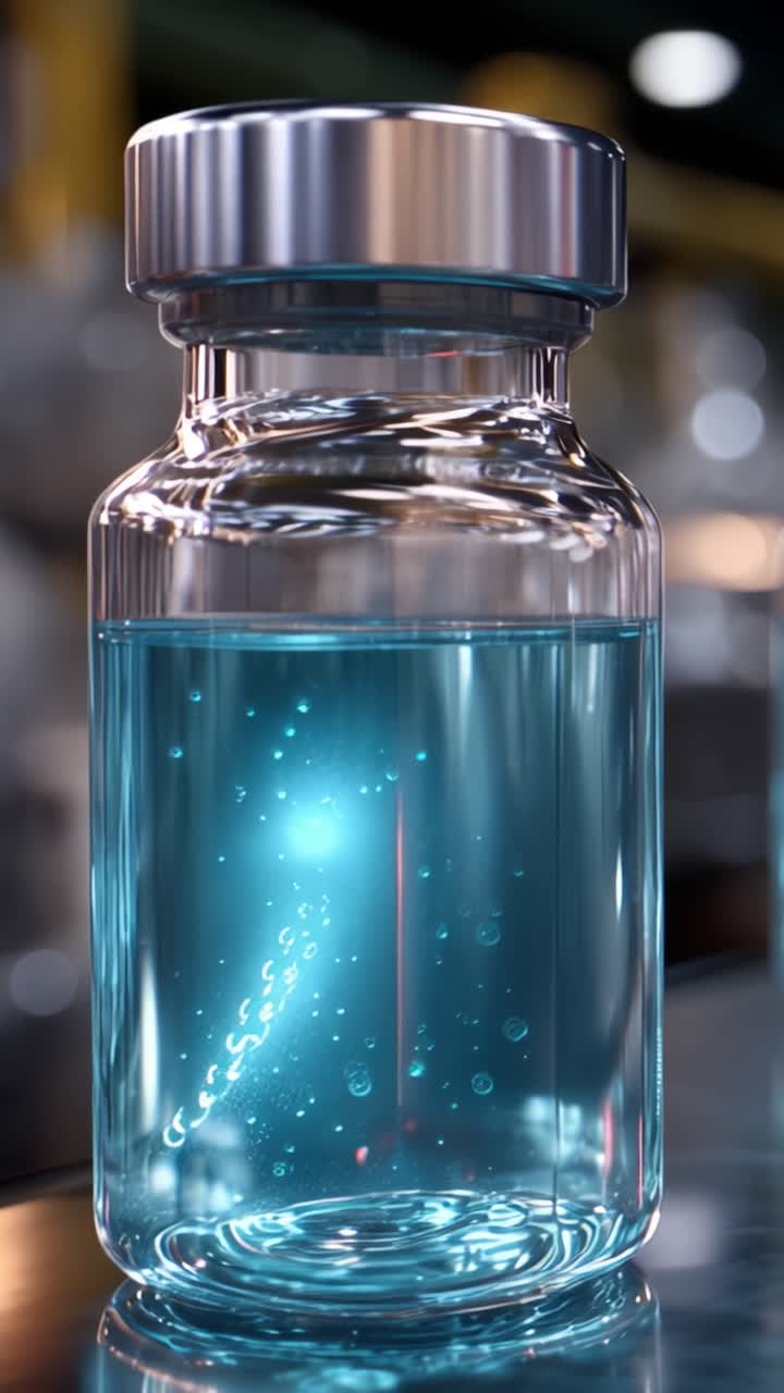 A Close-Up of a Transparent Vial Containing a Shimmering Blue Liquid, Highlighting Its Contents and the Reflections in the Background of a Laboratory Setting