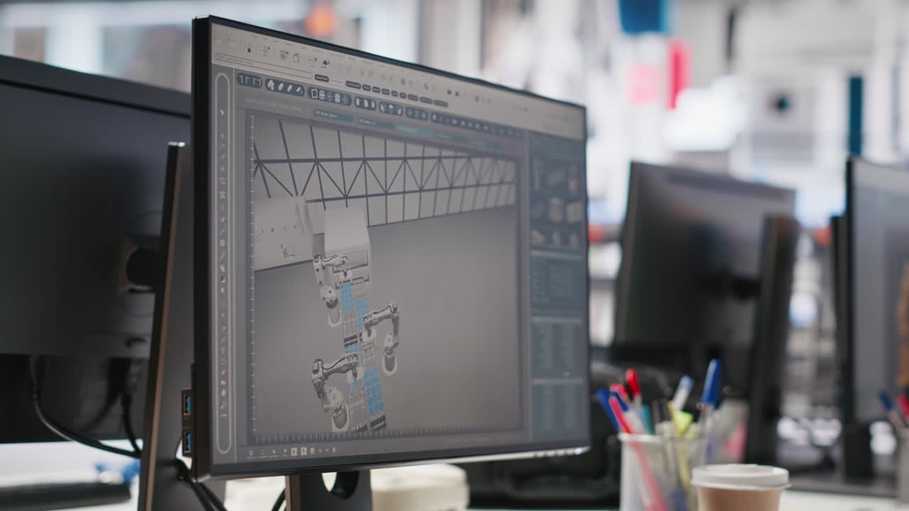 Vertical Video CAD program on PC monitor in photovoltaics factory used for production line