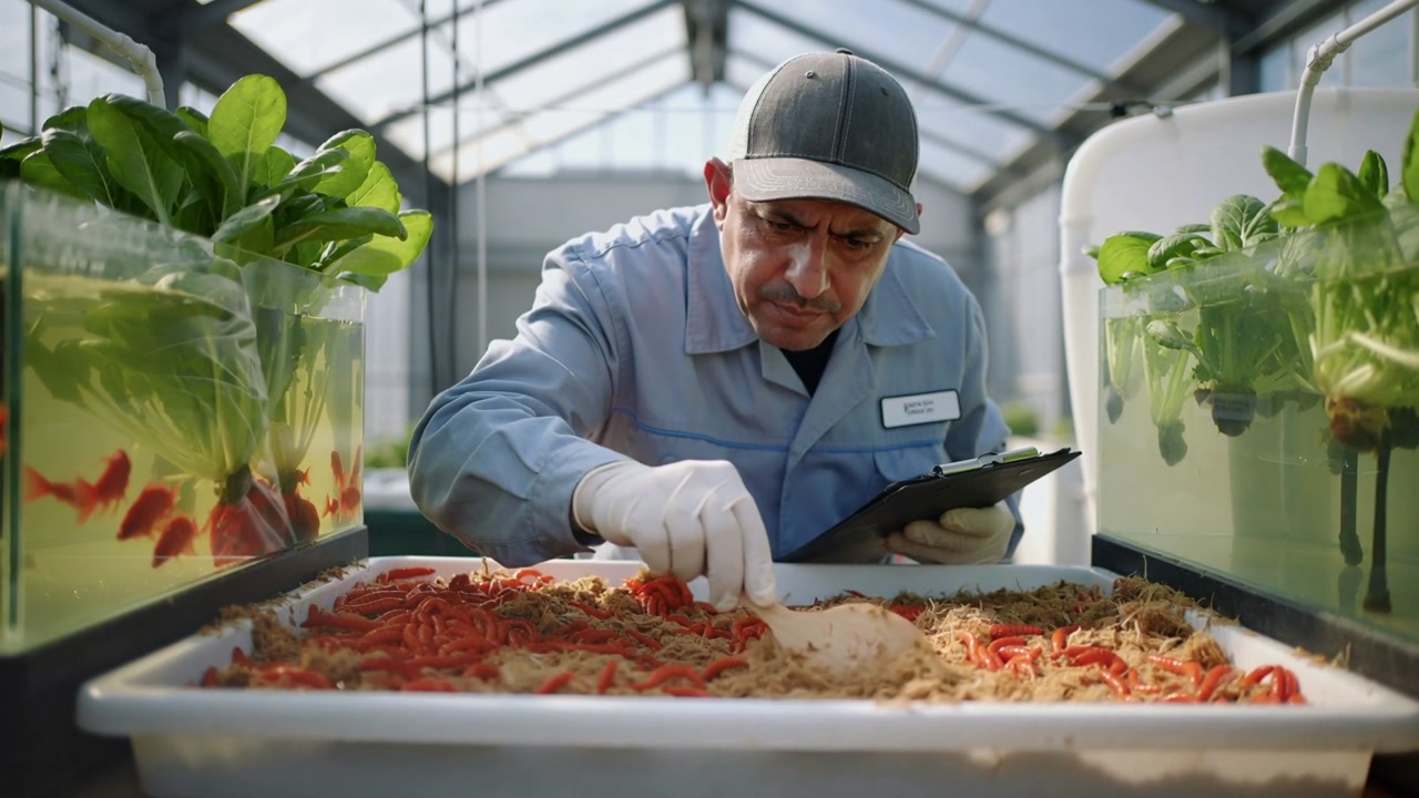Checking tablet, tech scooping and inspecting red larvae tray in greenhouse for logs wearing gloves