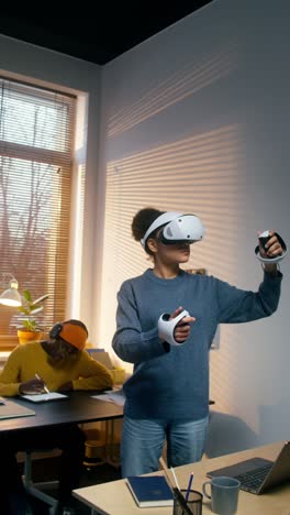 woman using vr headset in the office