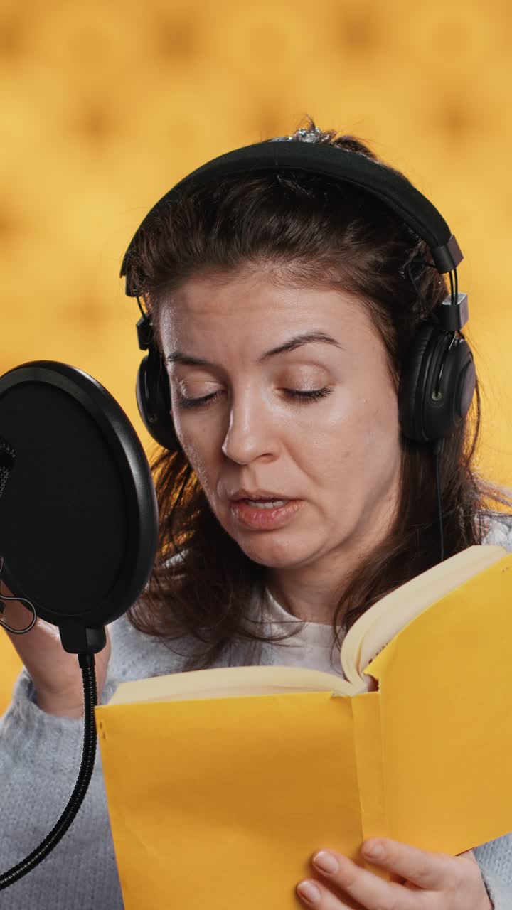 Donna frustrata che registra un audiolibro in studio con microfono