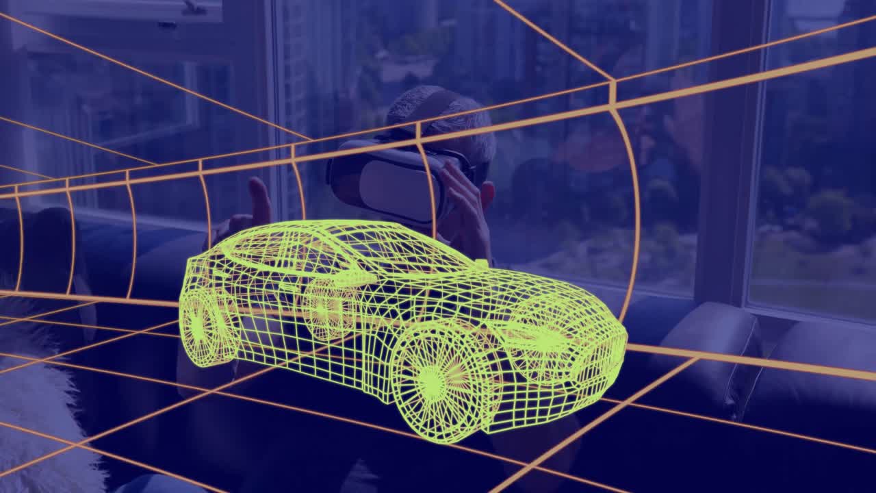 가정에서 vr 헤드 ⁇ 을 착용한 자동차의 3d 기술 도면의 애니메이션