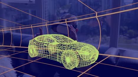 animación de dibujo técnico 3d del coche, sobre el hombre en casa con auriculares vr