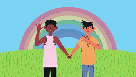 two boys holding hands under a rainbow
