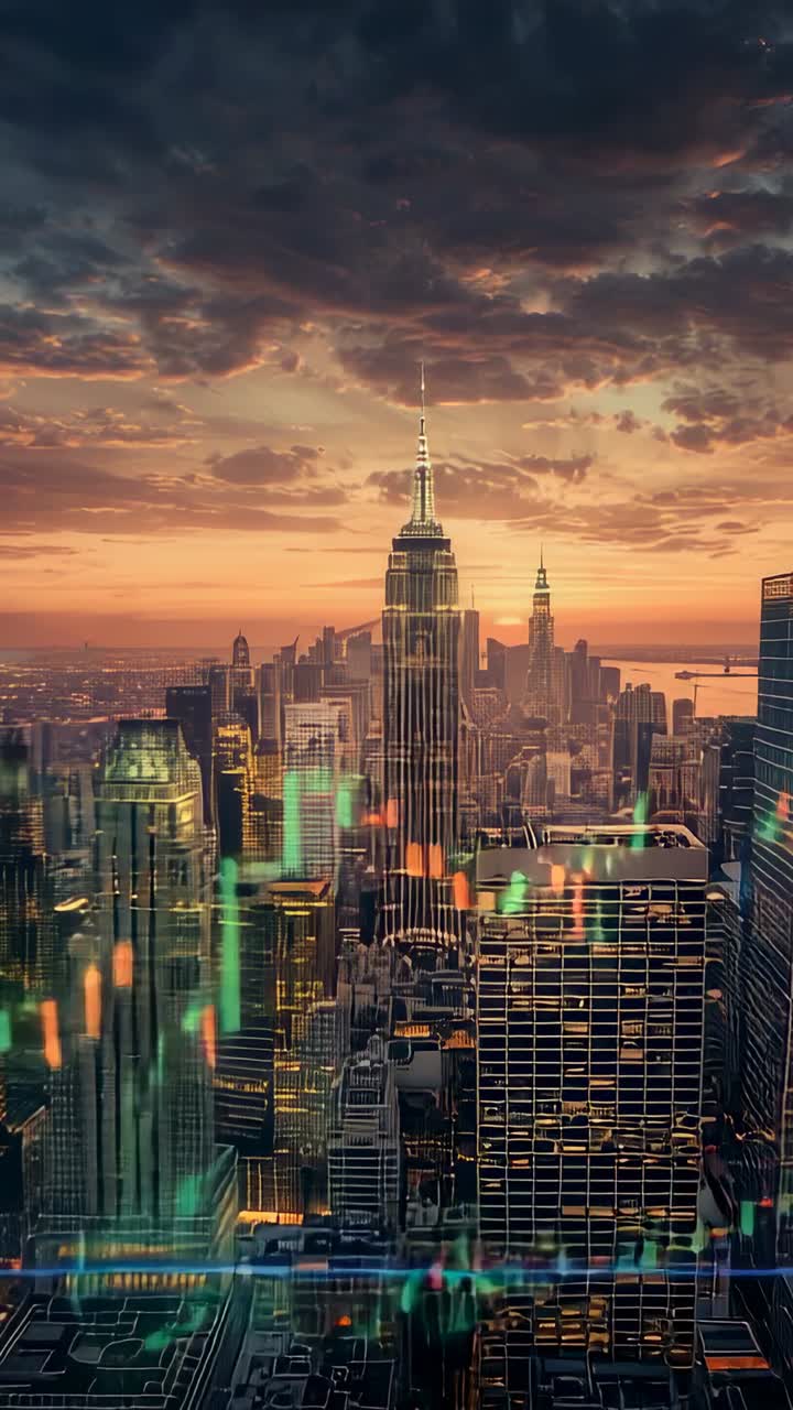Video verticale: grafici finanziari in dissolvenza pulsanti su uno skyline al tramonto, forme scorrevoli che rivelano una mappa
