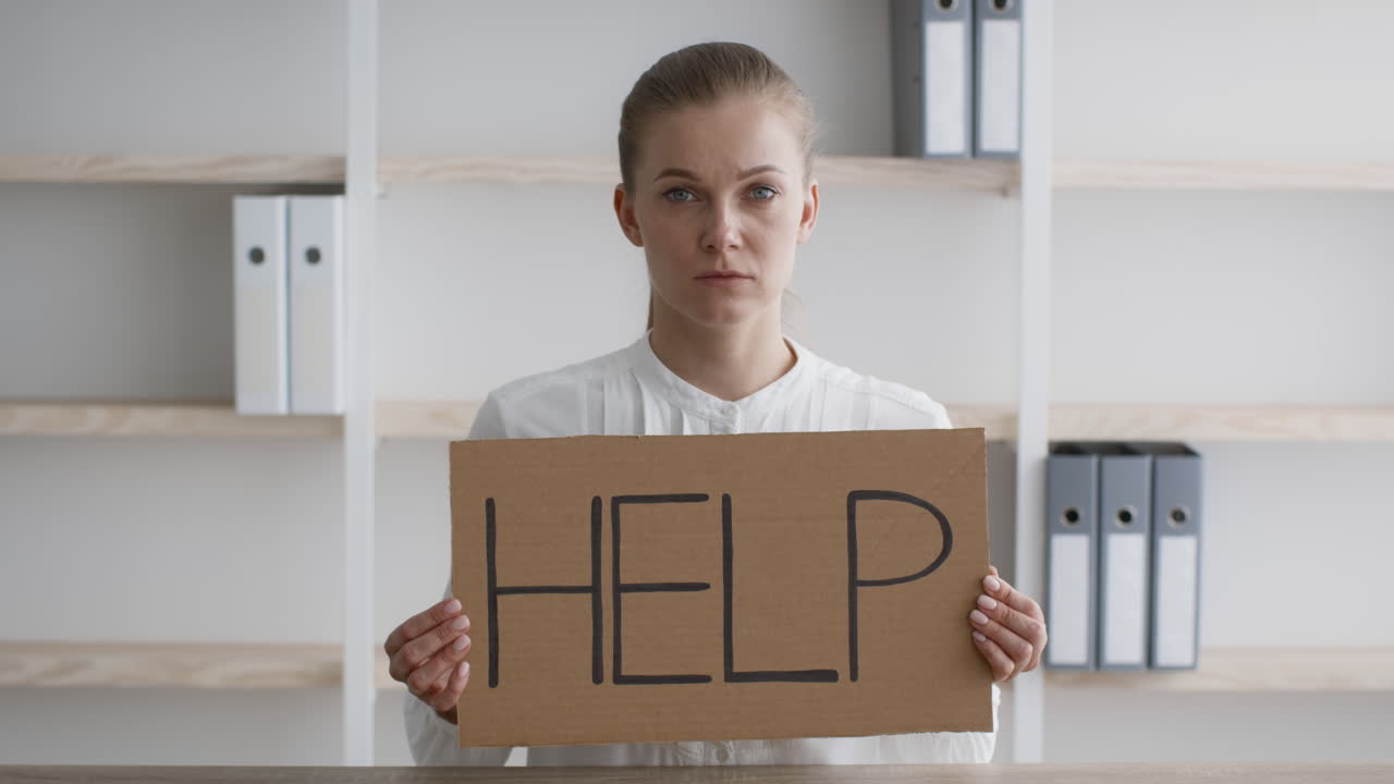 женщина просит о помощи в офисе.