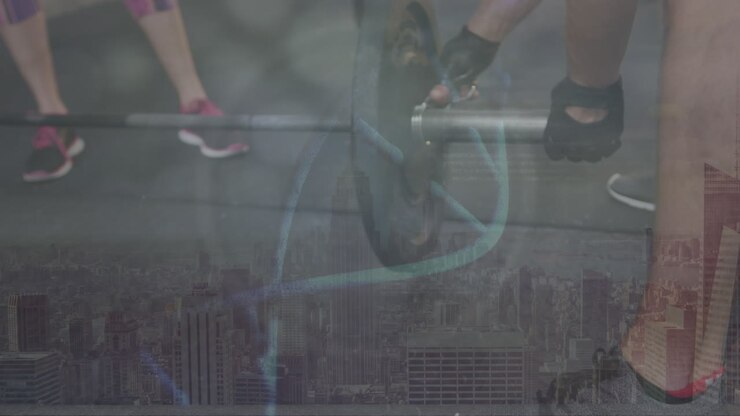 Animation of hands of woman adjusting barbell and modern cityscape with digital rotating dna helix