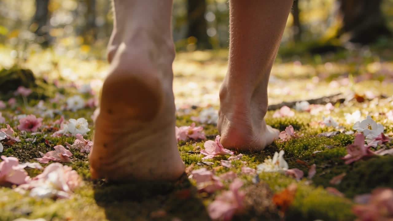 Woman walking barefoot on mossy floor for health, lifting foot and pushing toes, compressing petals