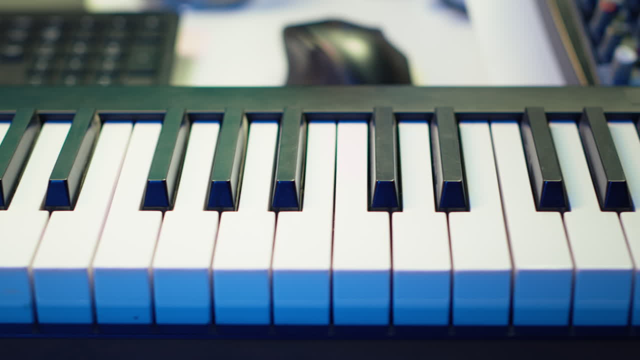 teclado de piano electrónico con consola de mezcla en el estudio doméstico utilizado para melodías