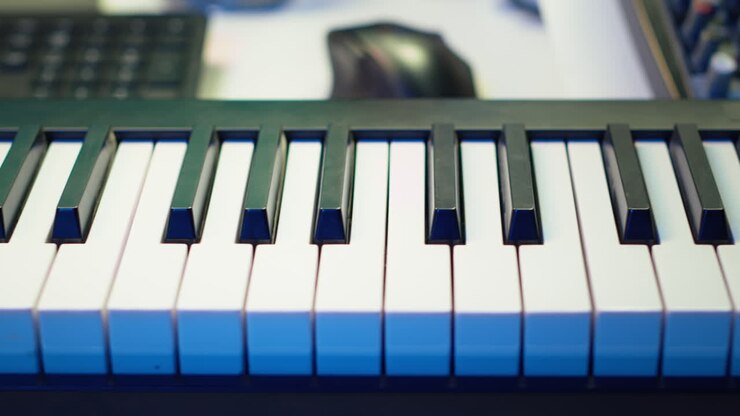 Electronic piano keyboard with mixing console at home studio used for tunes