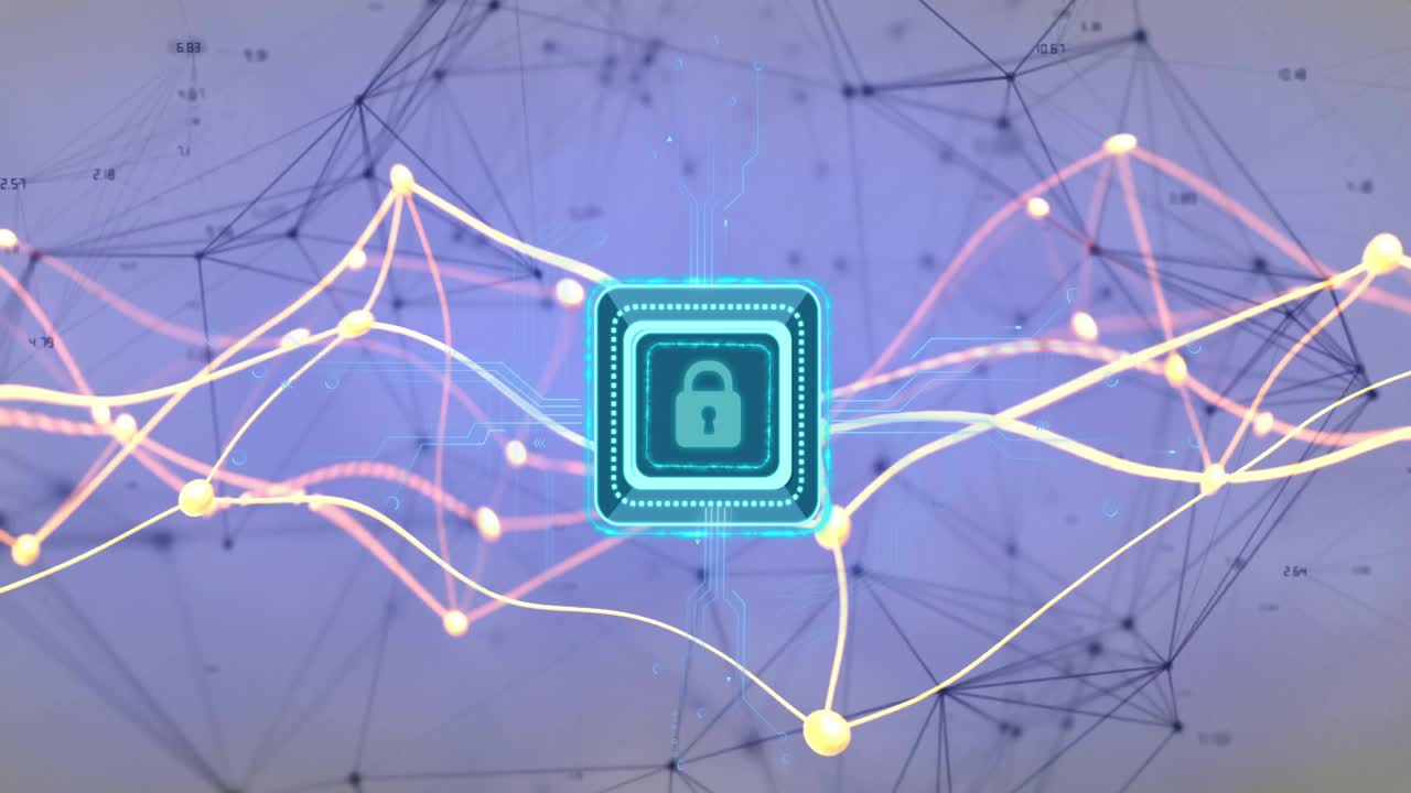 Stylized lock appearing, two colored waves undulating behind it, pulsing nodes and securing network