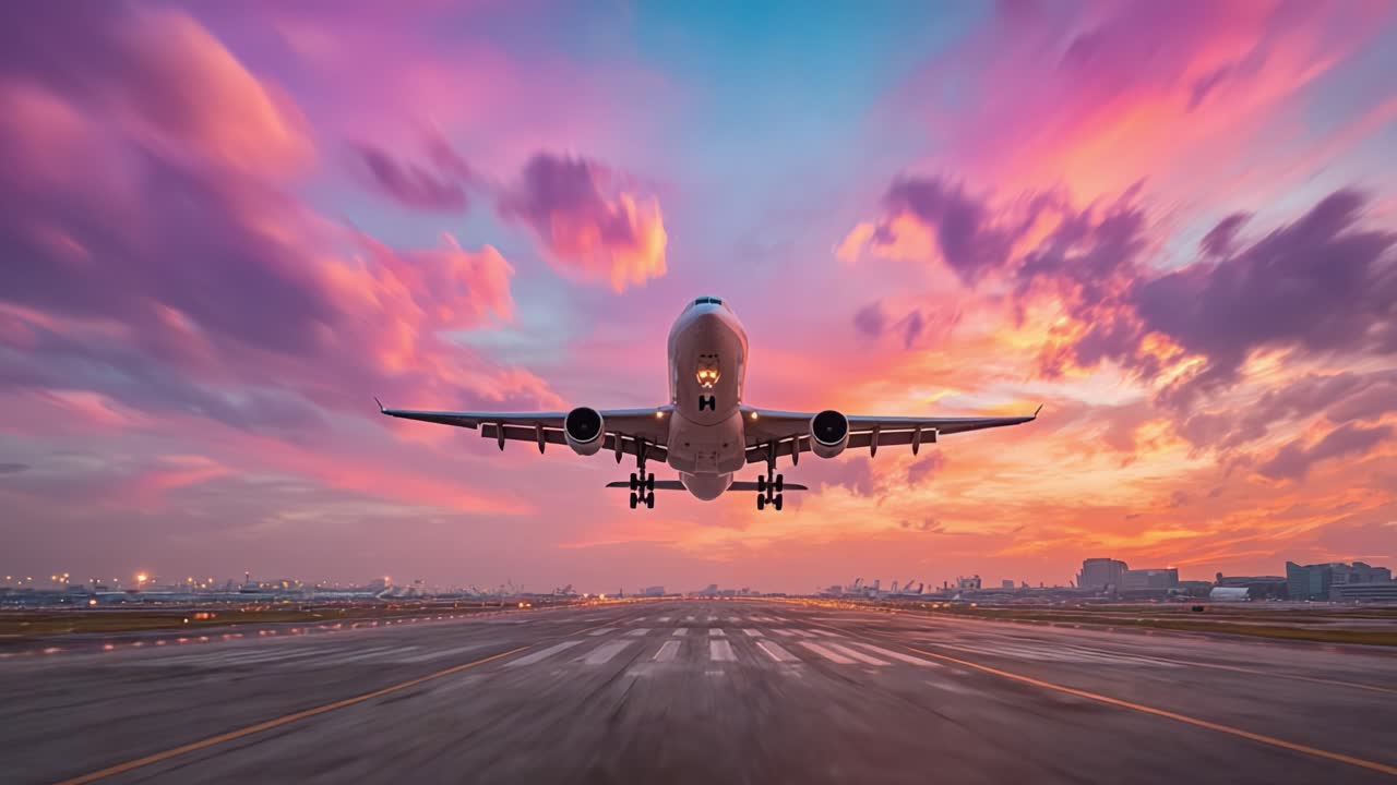 Un maestoso aeromobile si libra nel vivace cielo del tramonto, riflettendo splendide tonalità di rosa, arancione e viola mentre si prepara al decollo dalla pista dell'aeroporto