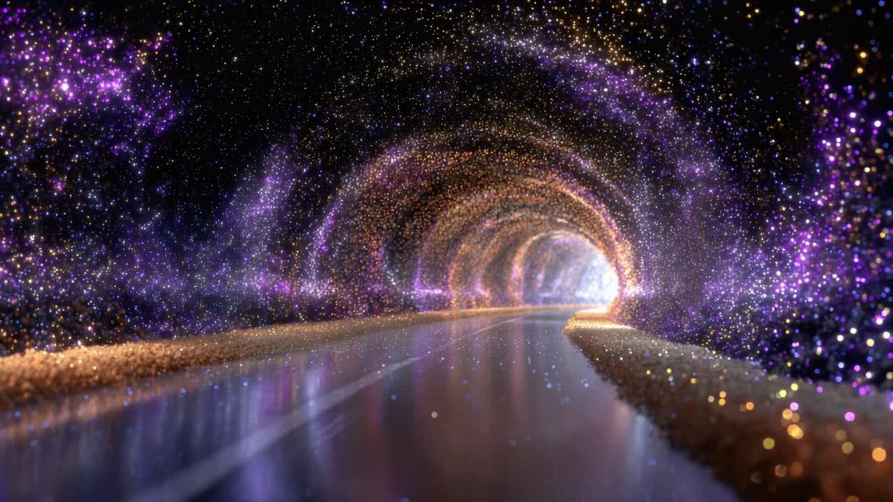 A Stunning Journey Through a Cosmic Tunnel: Exploring the Beauty of Stars and Galaxies in a Hypnotic Pathway Filled with Glittering Cosmic Particles