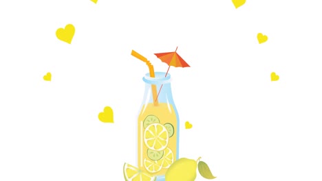 animation of hearts and lemonade icon over white background