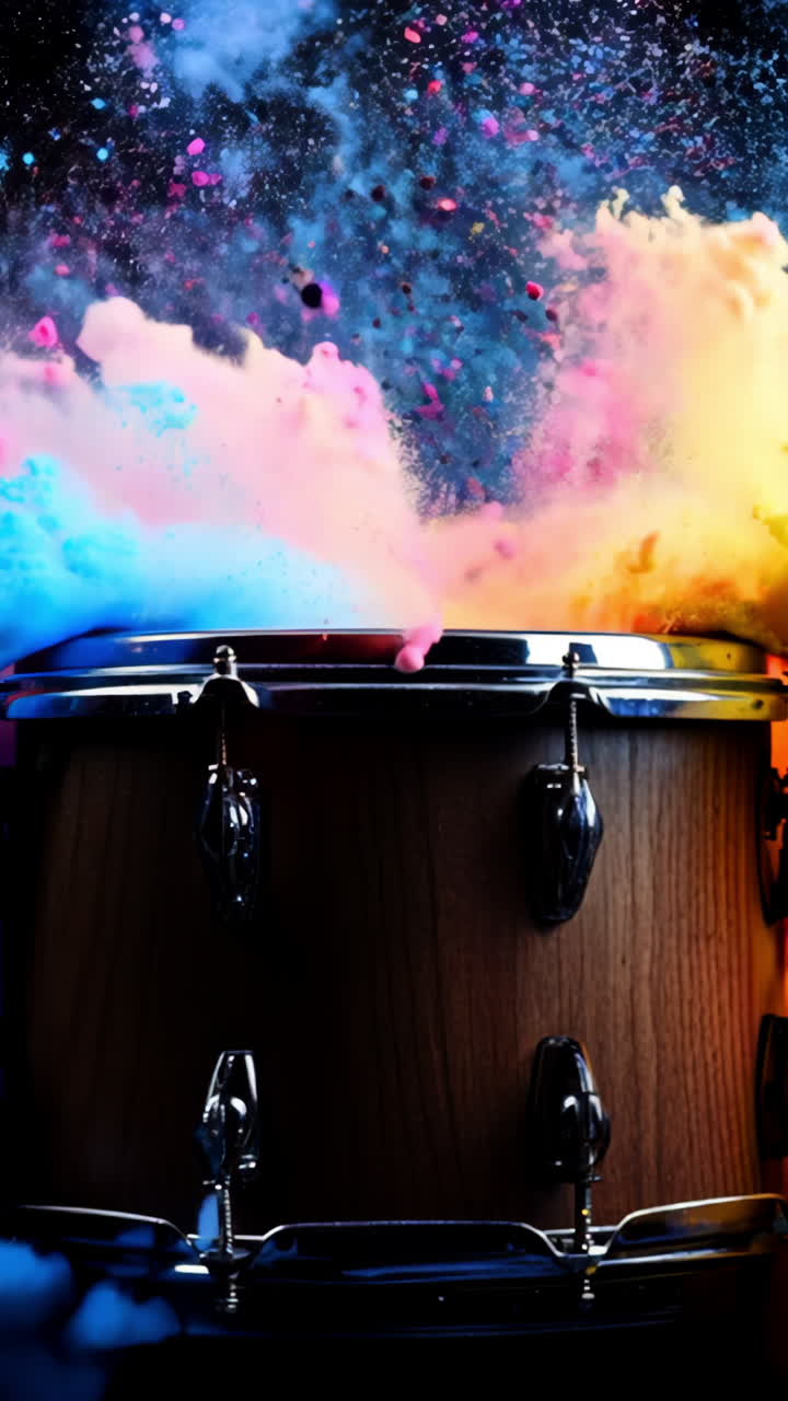 A drum is shown with colorful powder around it. The drum is the main focus of the image, and the colorful powder surrounding it creates a sense of excitement and energy. Concept of a lively