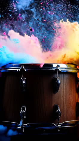 a drum is shown with colorful powder around it. the drum is the main focus of the image, and the colorful powder surrounding it creates a sense of excitement and energy. concept of a lively