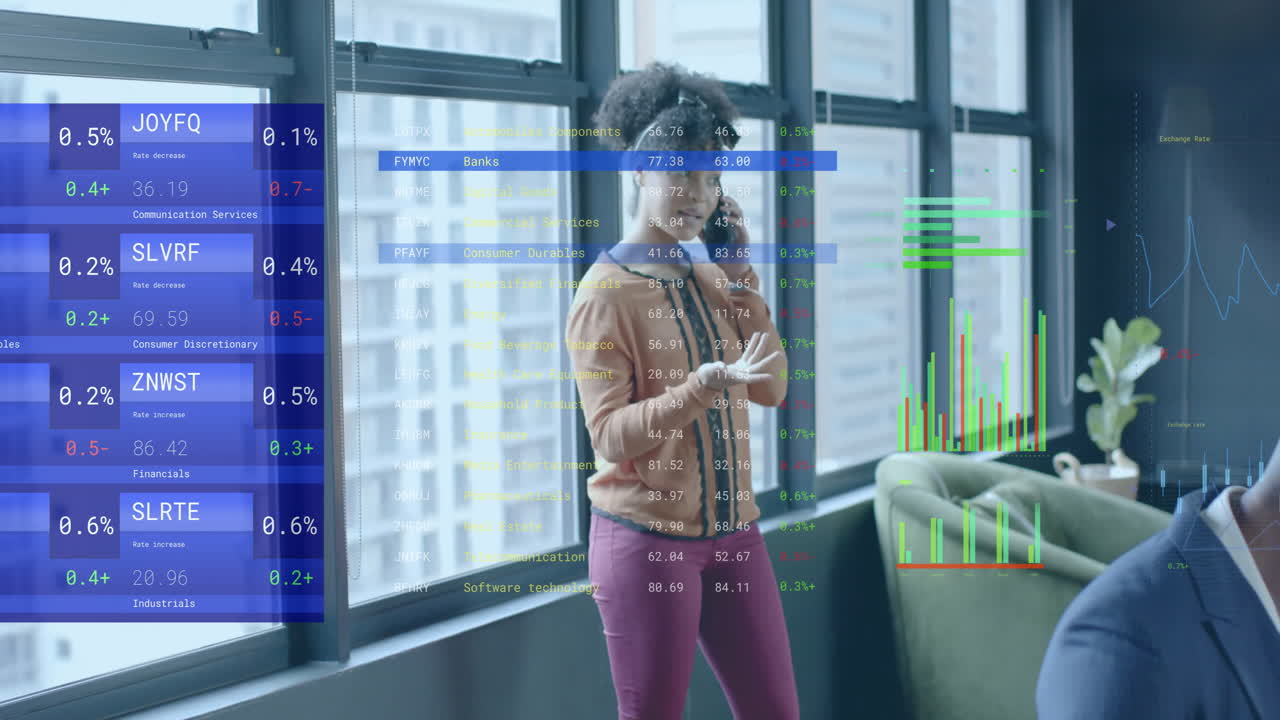 Animation of financial data processing over biracial businesswoman in office