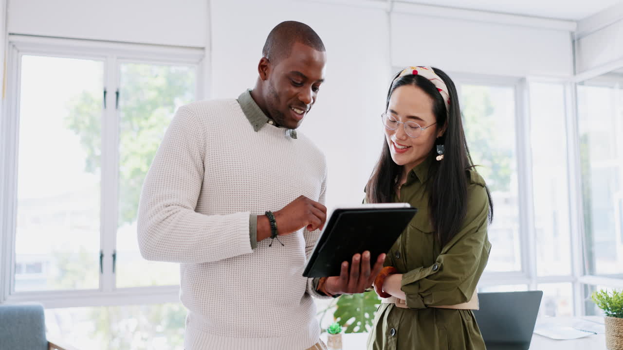 Tablet, manager and digital marketing employee