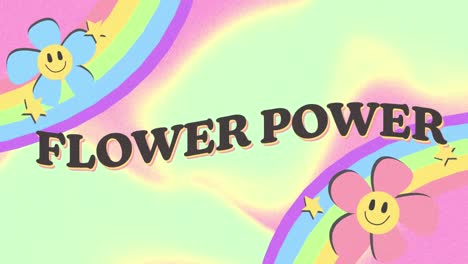 Digital-animation-of-flower-power-text-over-rainbow-and-flowers-on-gradient-background